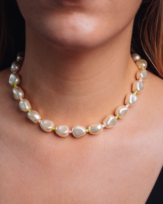 La Grande in Pink & Green | Handmade Giant Vegan Pearl Necklace