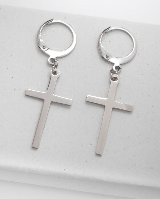 Stainless Steel Larger Cross Huggie Hoop Earrings