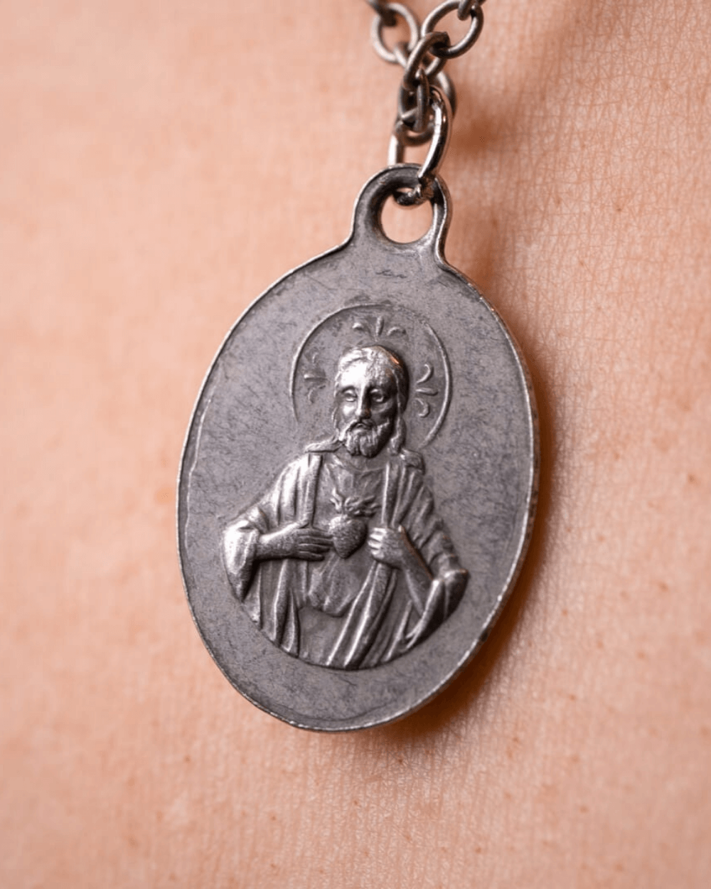 Antique Style Silver Religious Medal Necklace